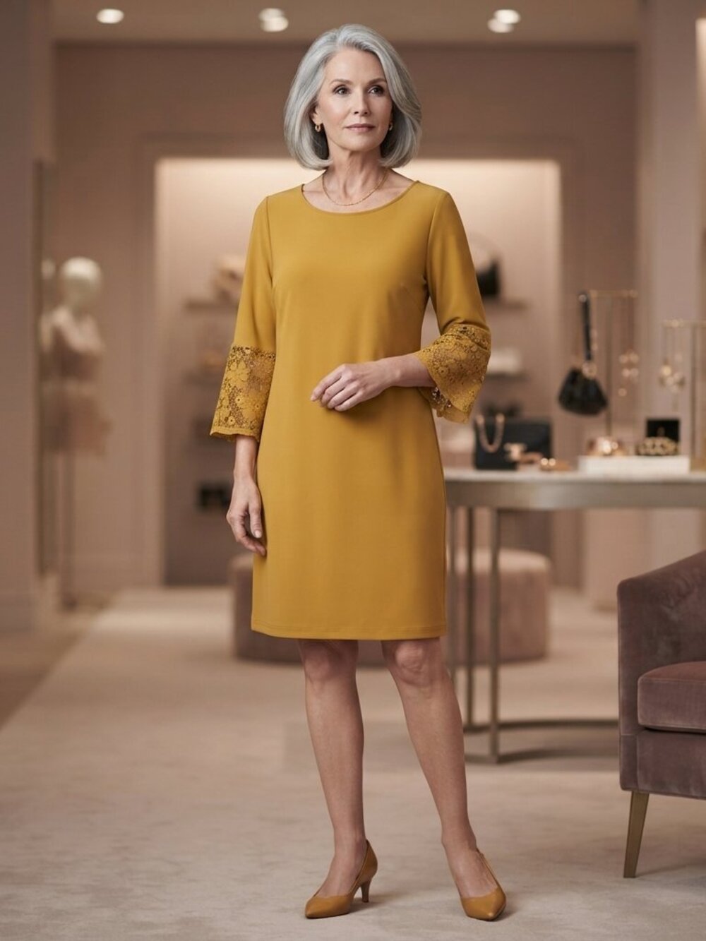 Sharagano Mustard Midi Dress with Lace Bell Sleeves. Size 14